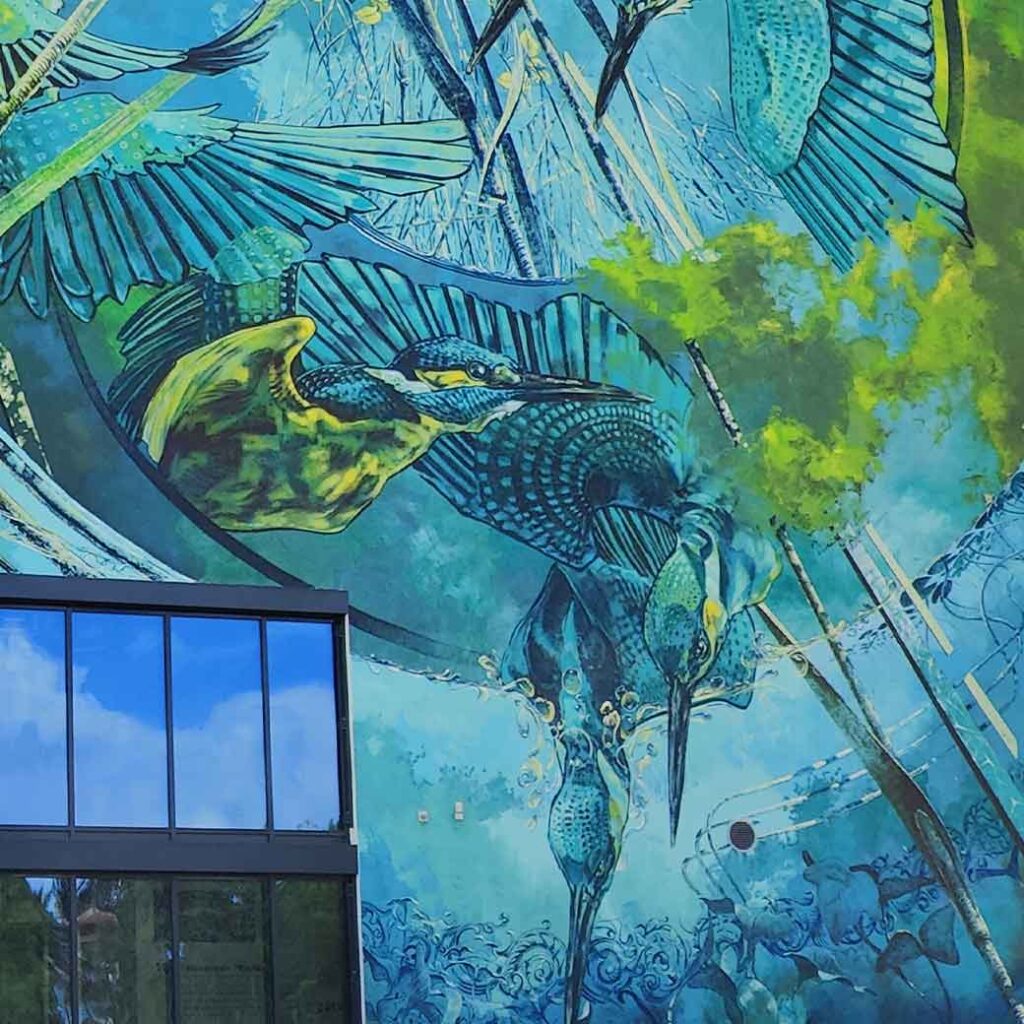 Vue sur la fresque art urbain de VIDEO.SCKRE à Landsberg am Lech en Allemagne. Couleurs dominantes sont le vert et le bleu, avec comme motiv central des martins-pêcheurs. Culture urbaine - Urbanauth Voyageurs des villes