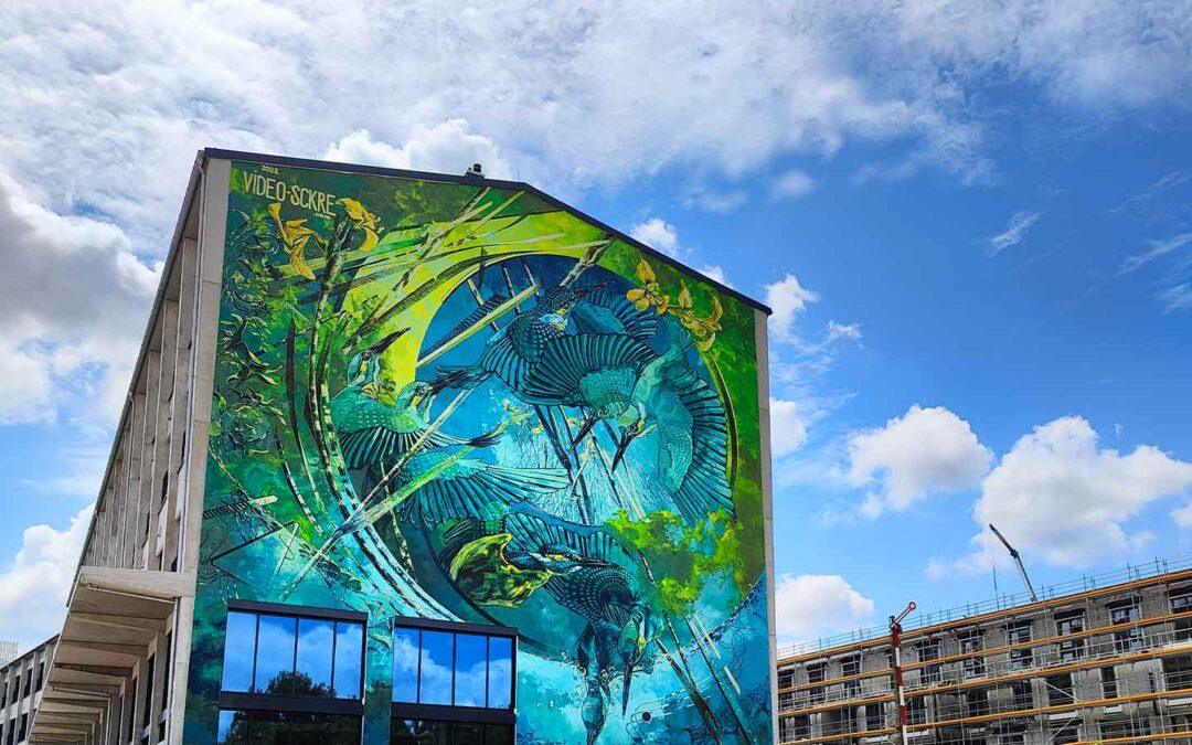 Vue sur la fresque art urbain de VIDEO.SCKRE à Landsberg am Lech en Allemagne. Couleurs dominantes sont le vert et le bleu, avec comme motiv central des martins-pêcheurs. Culture urbaine - Urbanauth Voyageurs des villes